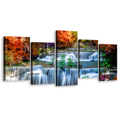 Thailand Waterfall Canvas Wall Art, Colorful Autumn Forest Waterfall Canvas, Huay Mae Kamin Waterfall 5 Piece Canvas Print