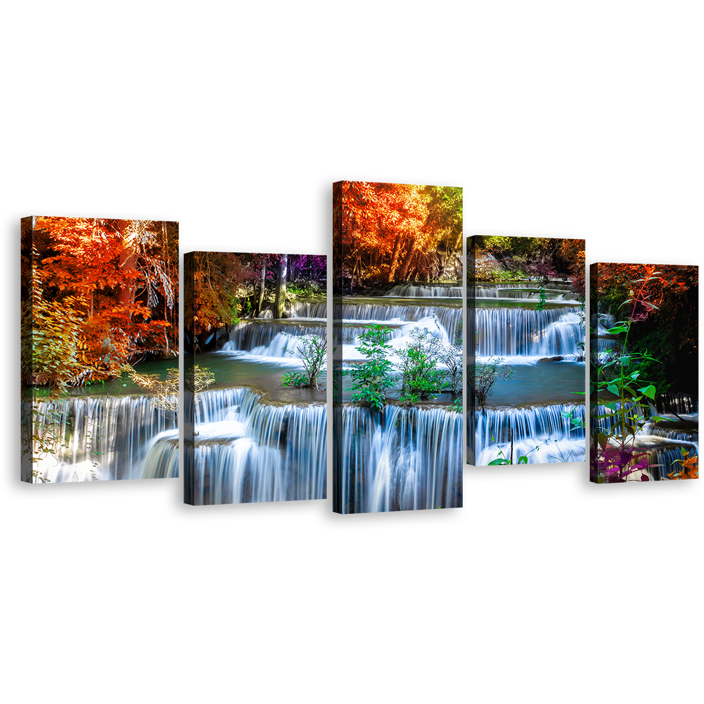 Thailand Waterfall Canvas Wall Art, Colorful Autumn Forest Waterfall Canvas, Huay Mae Kamin Waterfall 5 Piece Canvas Print