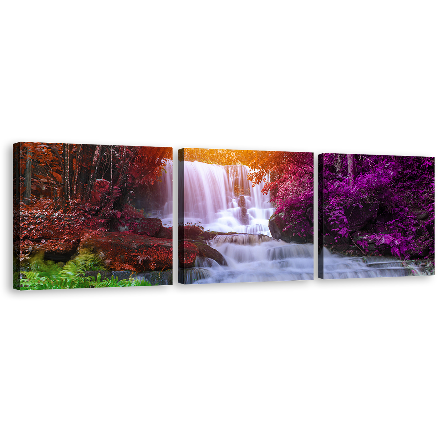 Thailand Waterfall Canvas Wall Art, Colorful Mun Dang Waterfall Canvas Print, Waterfall Scenery 3 Piece Multiple Canvas