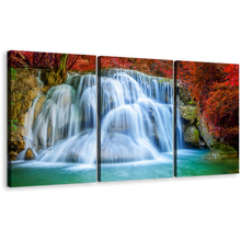 Load image into Gallery viewer, Thailand Waterfall Canvas Wall Art, Colorful Waterfall Scenery Canvas Print, Kanchanaburi Huai Mae Khamin Waterfall 3 Piece Multi Canvas
