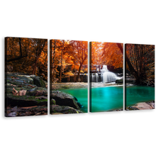 Load image into Gallery viewer, Thailand Waterfall Canvas Wall Art, Exotic Waterfall in Orange Forest 4 Piece Canvas Print, Mae Kamin Waterfall Canvas Set. Blue Water Scenery Multi Canvas
