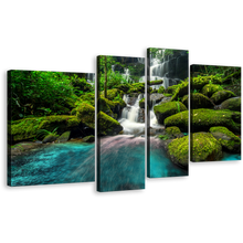 Load image into Gallery viewer, Thailand Waterfall Canvas Wall Art, Green Mountain Rocks White Waterfall 4 Piece Canvas Print, Waterfall in Phu Tub Boek Canvas Set
