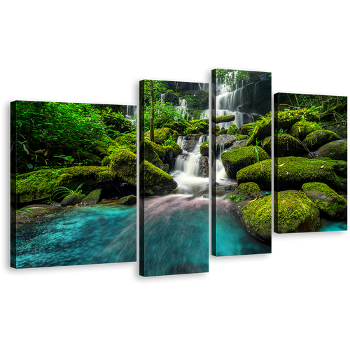 Thailand Waterfall Canvas Wall Art, Green Mountain Rocks White Waterfall 4 Piece Canvas Print, Waterfall in Phu Tub Boek Canvas Set