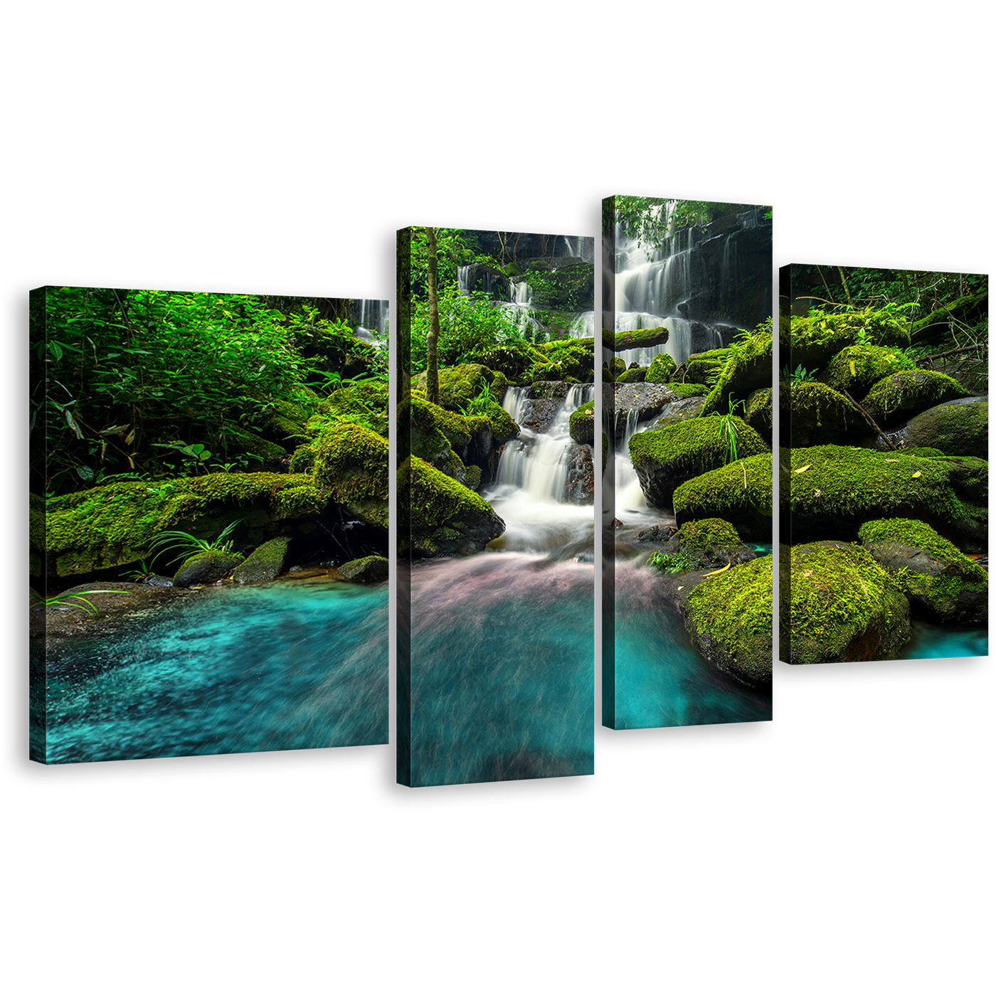 Thailand Waterfall Canvas Wall Art, Green Mountain Rocks White Waterfall 4 Piece Canvas Print, Waterfall in Phu Tub Boek Canvas Set