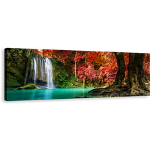 Load image into Gallery viewer, Thailand Waterfall Canvas Wall Art, Green Red Autumn Trees Forest Panoramic Canvas Artwork, White Erawan Waterfall National Park Canvas Print
