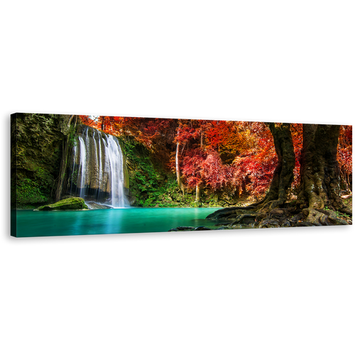 Thailand Waterfall Canvas Wall Art, Green Red Autumn Trees Forest Panoramic Canvas Artwork, White Erawan Waterfall National Park Canvas Print