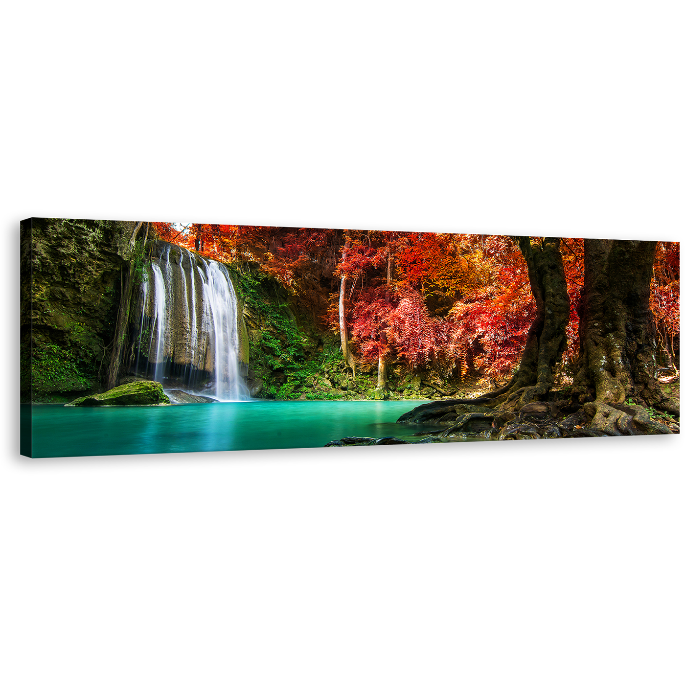 Thailand Waterfall Canvas Wall Art, Green Red Autumn Trees Forest Panoramic Canvas Artwork, White Erawan Waterfall National Park Canvas Print