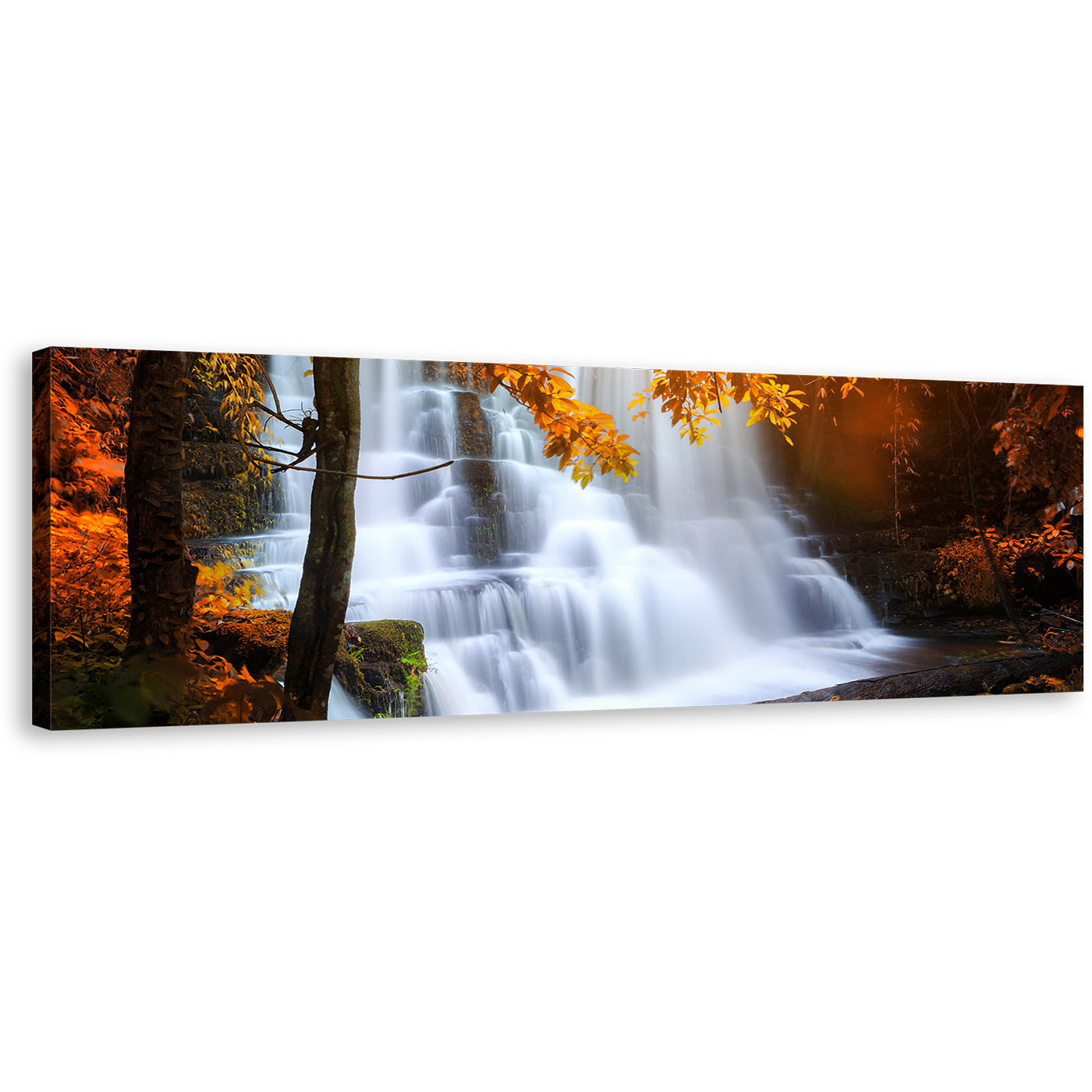 Thailand Waterfall Canvas Wall Art, Hin Rang Kla National Park 1 Piece Canvas Print, White Red Mun Daeng Waterfall Canvas Artwork, Orange Forest Trees Wide Canvas