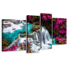 Load image into Gallery viewer, Thailand Waterfall Canvas Wall Art, Kanchanabur Huai Mae Khamin Waterfall Multiple Canvas, Colorful Forest Waterfall Scenery 4 Piece Canvas Print
