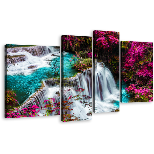 Thailand Waterfall Canvas Wall Art, Kanchanabur Huai Mae Khamin Waterfall Multiple Canvas, Colorful Forest Waterfall Scenery 4 Piece Canvas Print