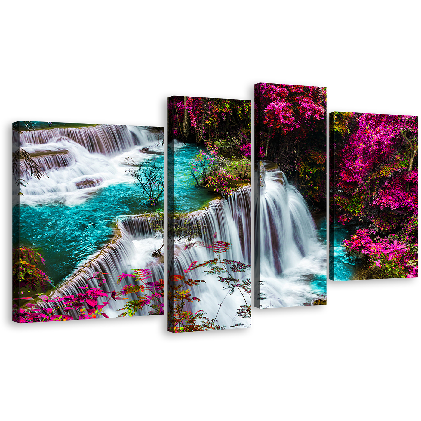 Thailand Waterfall Canvas Wall Art, Kanchanabur Huai Mae Khamin Waterfall Multiple Canvas, Colorful Forest Waterfall Scenery 4 Piece Canvas Print