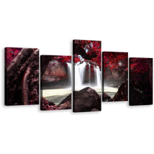 Load image into Gallery viewer, Thailand Waterfall Canvas Wall Art, Stunning Khao Yai National Park 5 Piece Canvas Print, Red Trees Waterfall Scenery Multi Canvas Artwork
