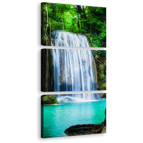 Thailand Waterfall Canvas Wall Art, White Waterfall Forest 3 Piece Canvas, Sea Green River Kwai Canvas Print, Erawan National Park Canvas Multi Canvas