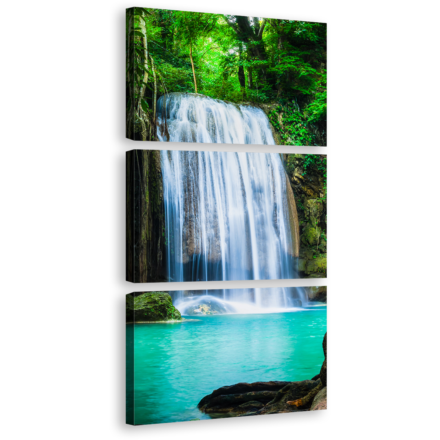 Thailand Waterfall Canvas Wall Art, White Waterfall Forest 3 Piece Canvas, Sea Green River Kwai Canvas Print, Erawan National Park Canvas Multi Canvas