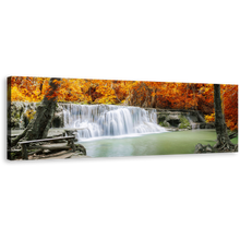 Load image into Gallery viewer, Thailand Waterfall Wall Art, Green Lake River Panoramic Canvas Print, Orange Autumn Forest Trees Canvas Art
