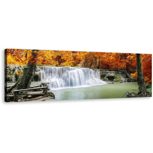 Thailand Waterfall Wall Art, Green Lake River Panoramic Canvas Print, Orange Autumn Forest Trees Canvas Art