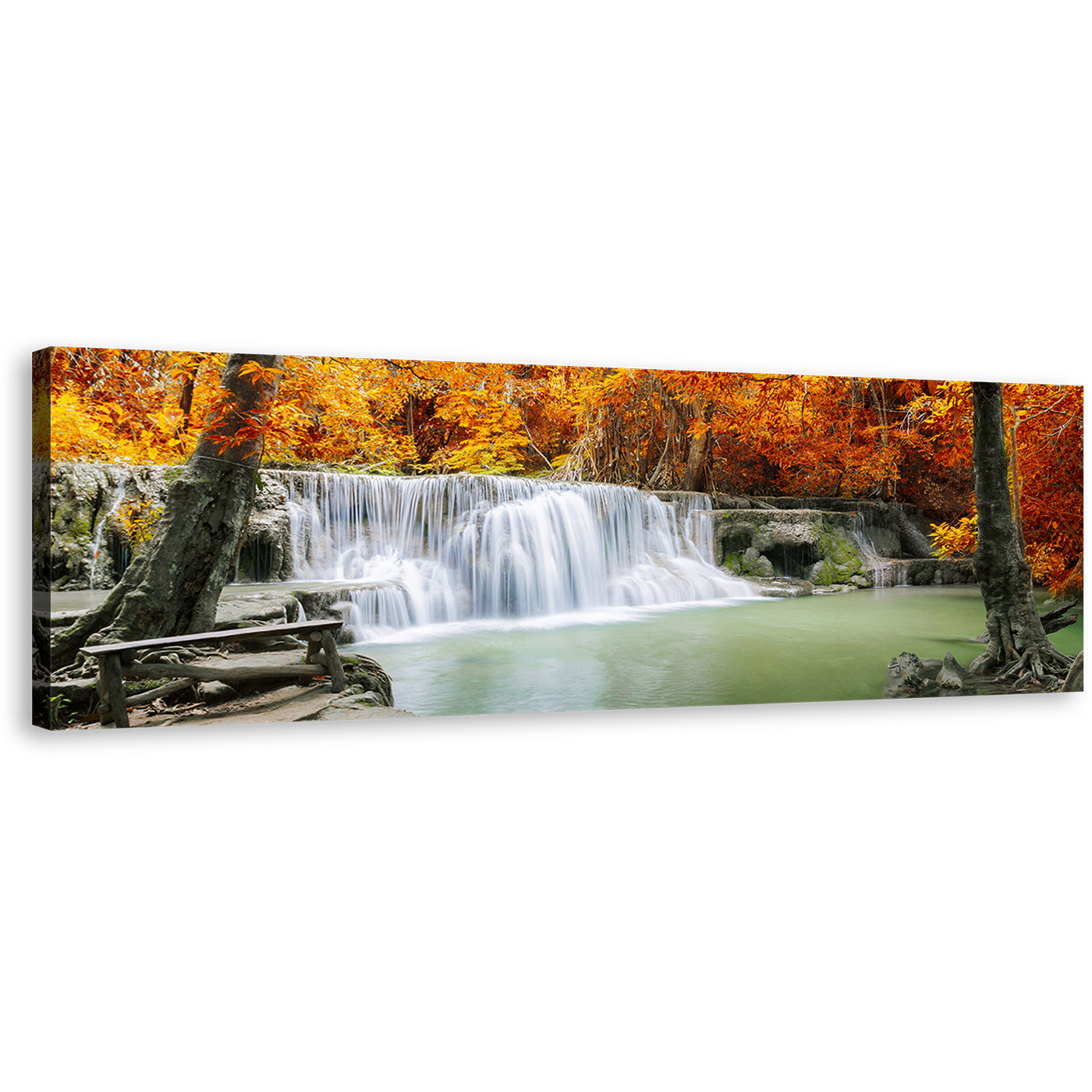 Thailand Waterfall Wall Art, Green Lake River Panoramic Canvas Print, Orange Autumn Forest Trees Canvas Art