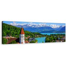 Load image into Gallery viewer, Thun City Canvas Wall Art, Switzerland Blue Mountain Lake City 1 Piece Canvas Print, Green Trees Mountains Scenery Canvas Artwork
