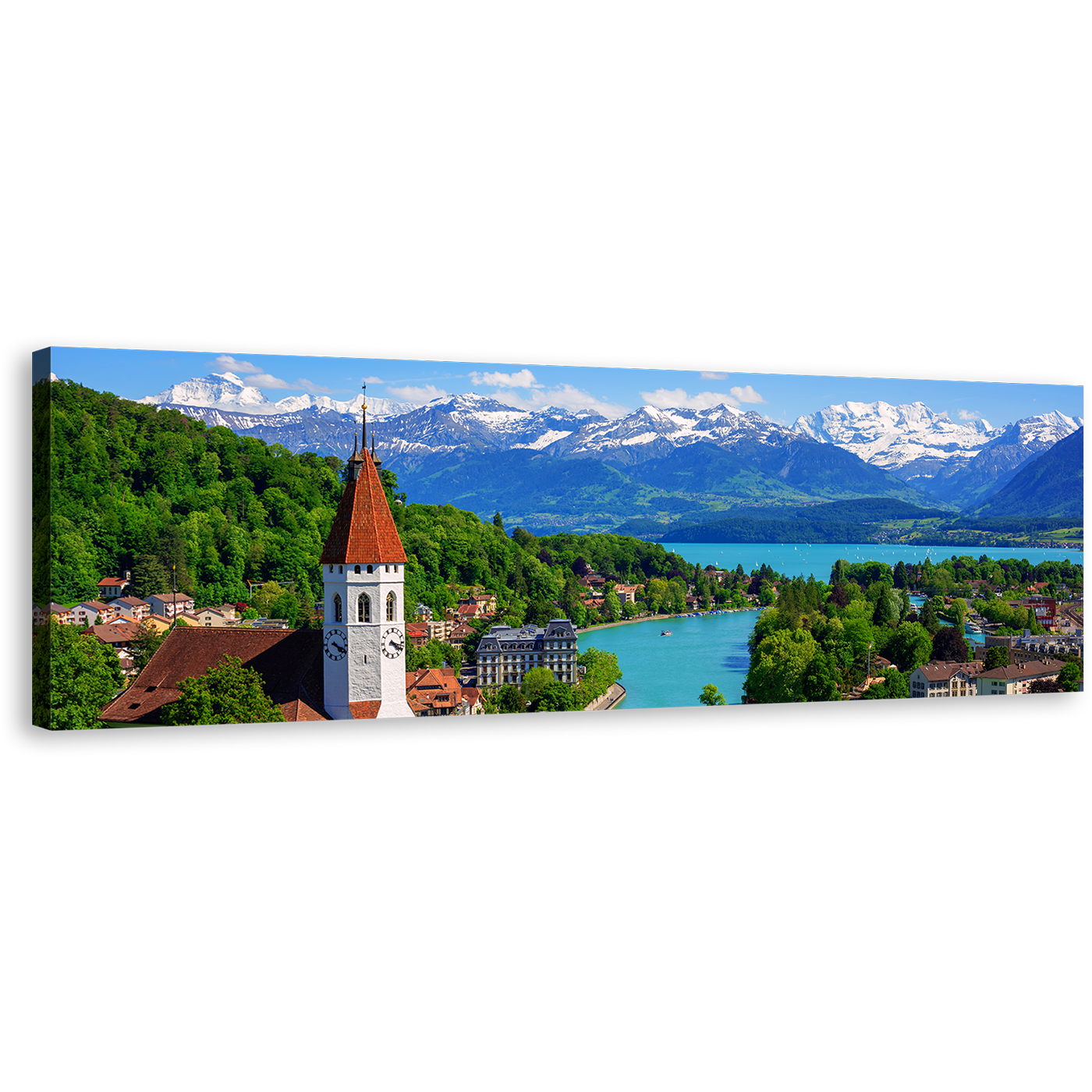 Thun City Canvas Wall Art, Switzerland Blue Mountain Lake City 1 Piece Canvas Print, Green Trees Mountains Scenery Canvas Artwork