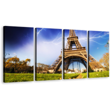 Load image into Gallery viewer, Thunder Storm Wall Art, Yellow Paris Skyline Canvas Print, France Blue Storm Eiffel Tower 4 Piece Canvas Set
