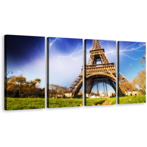 Thunder Storm Wall Art, Yellow Paris Skyline Canvas Print, France Blue Storm Eiffel Tower 4 Piece Canvas Set