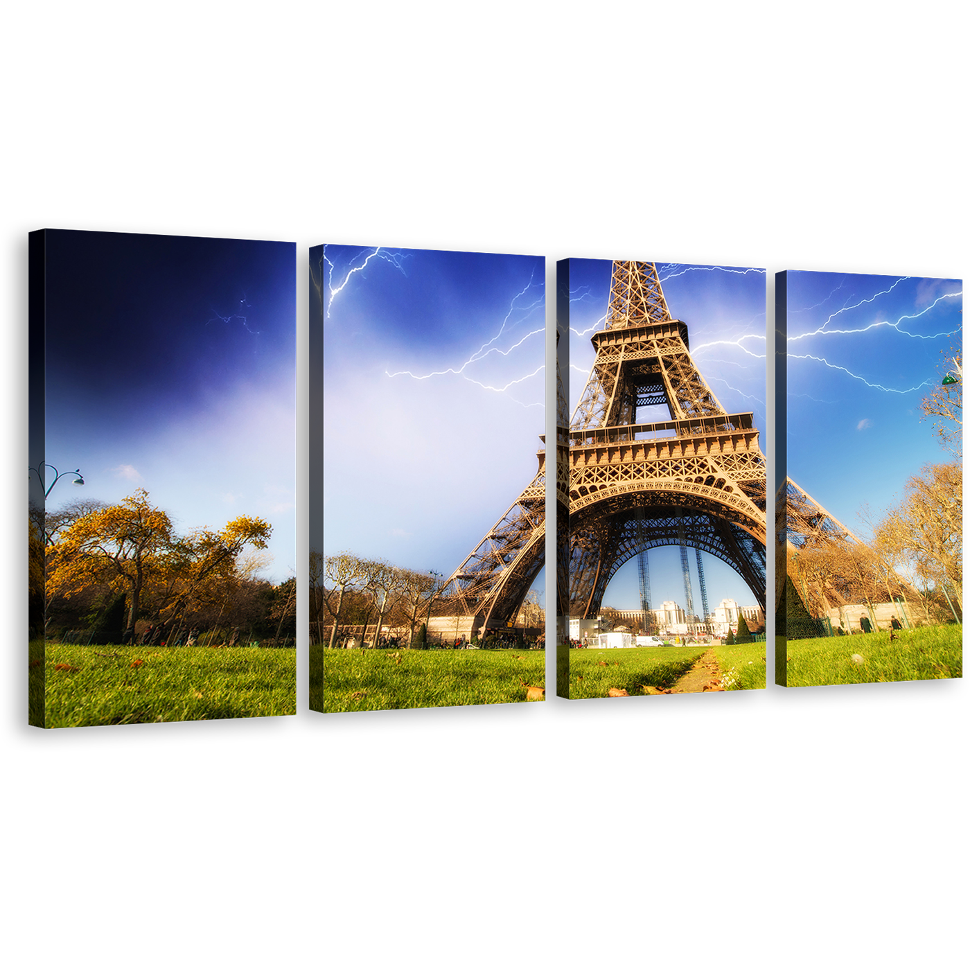 Thunder Storm Wall Art, Yellow Paris Skyline Canvas Print, France Blue Storm Eiffel Tower 4 Piece Canvas Set