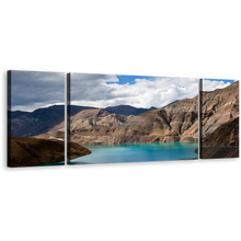 Load image into Gallery viewer, Tibet Lake Canvas Wall Art, Yamdrok Yumtso Brown Ocean Mountain 3 Piece Canvas Print, Blue Yamdrok Lake Triptych Multi Canvas
