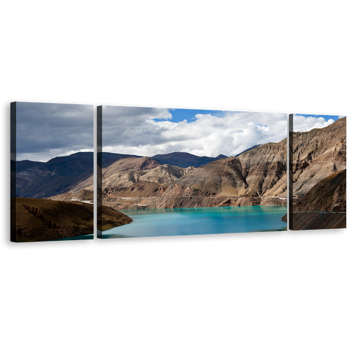 Tibet Lake Canvas Wall Art, Yamdrok Yumtso Brown Ocean Mountain 3 Piece Canvas Print, Blue Yamdrok Lake Triptych Multi Canvas