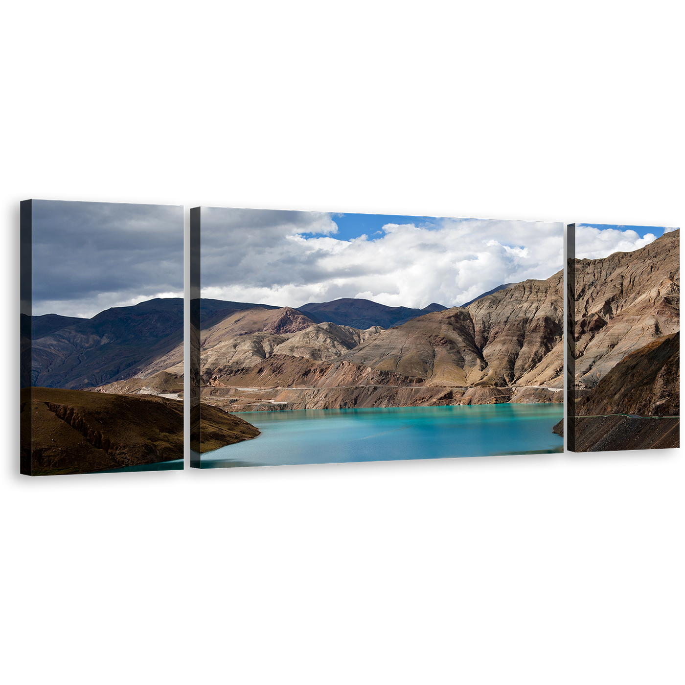 Tibet Lake Canvas Wall Art, Yamdrok Yumtso Brown Ocean Mountain 3 Piece Canvas Print, Blue Yamdrok Lake Triptych Multi Canvas