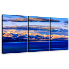 Load image into Gallery viewer, Tibet Mountains Canvas Wall Art, Wall Lake Of Nam 3 Piece Canvas, Orange Sunset Blue Ocean Canvas Print, Evening Mountain Multi Canvas Artwork
