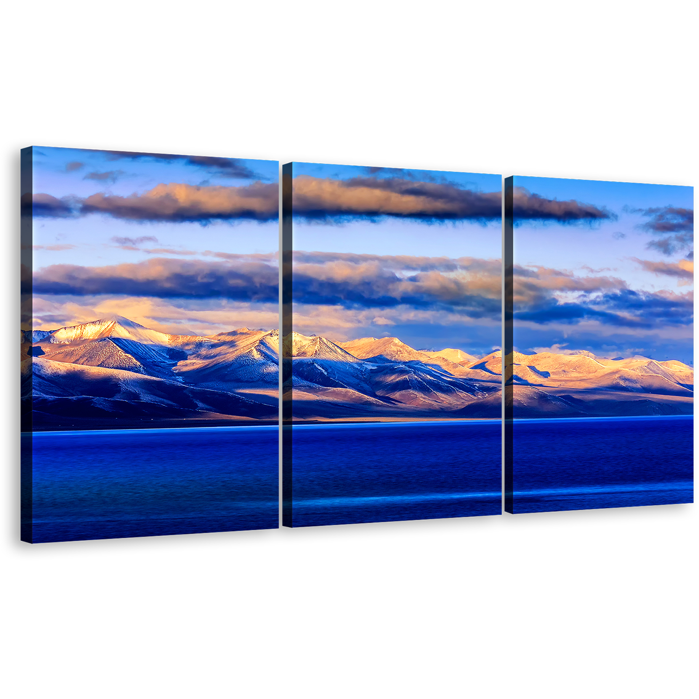 Tibet Mountains Canvas Wall Art, Wall Lake Of Nam 3 Piece Canvas, Orange Sunset Blue Ocean Canvas Print, Evening Mountain Multi Canvas Artwork