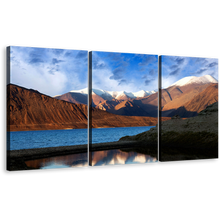 Load image into Gallery viewer, Tibet Pangong Wall Art, Pangong Tso Ocean Mountains Multi Canvas Artwork, Brown Blue Sky Lake 3 Piece Canvas Print
