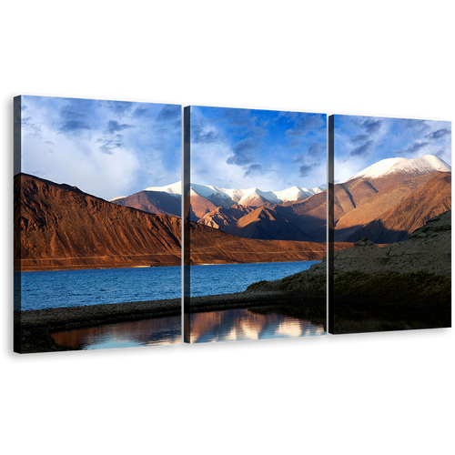 Tibet Pangong Wall Art, Pangong Tso Ocean Mountains Multi Canvas Artwork, Brown Blue Sky Lake 3 Piece Canvas Print