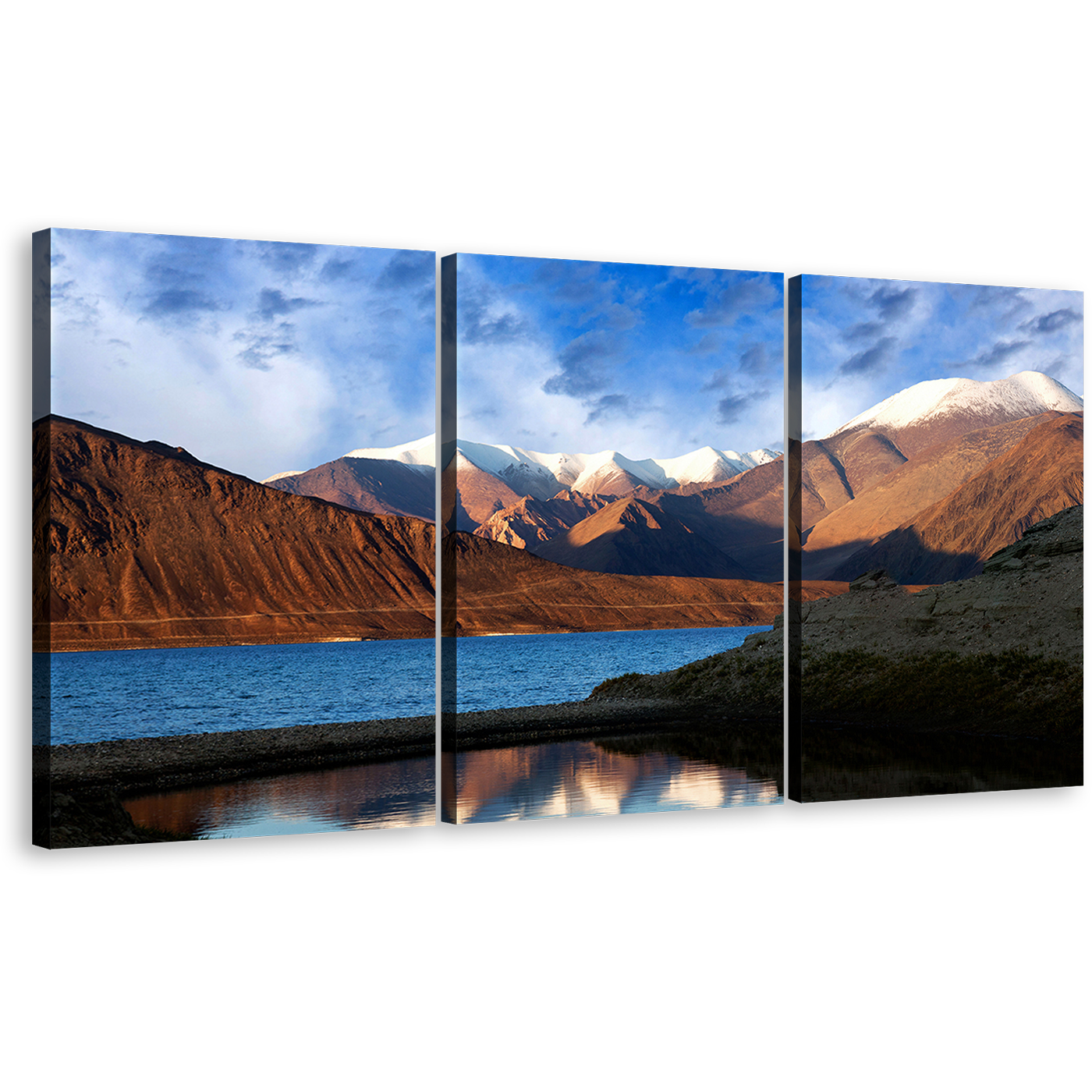 Tibet Pangong Wall Art, Pangong Tso Ocean Mountains Multi Canvas Artwork, Brown Blue Sky Lake 3 Piece Canvas Print