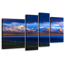 Load image into Gallery viewer, Tibet Sunrise Canvas Wall Art, China Blue Namtso Mountain Lake Canvas Print, Yellow Sunrise Snowy Ocean Mountains 4 Piece Multi Canvas
