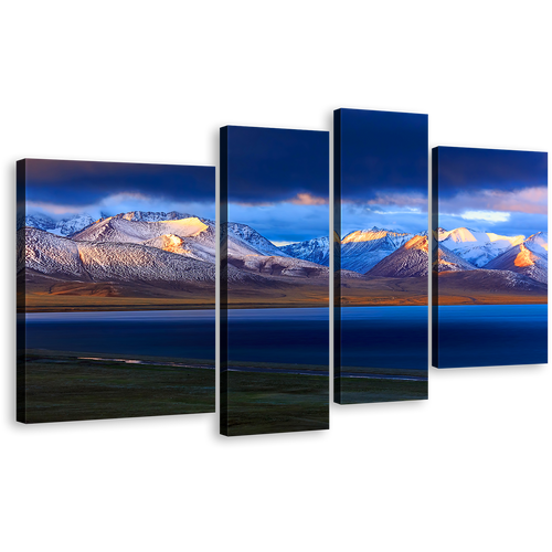 Tibet Sunrise Canvas Wall Art, China Blue Namtso Mountain Lake Canvas Print, Yellow Sunrise Snowy Ocean Mountains 4 Piece Multi Canvas