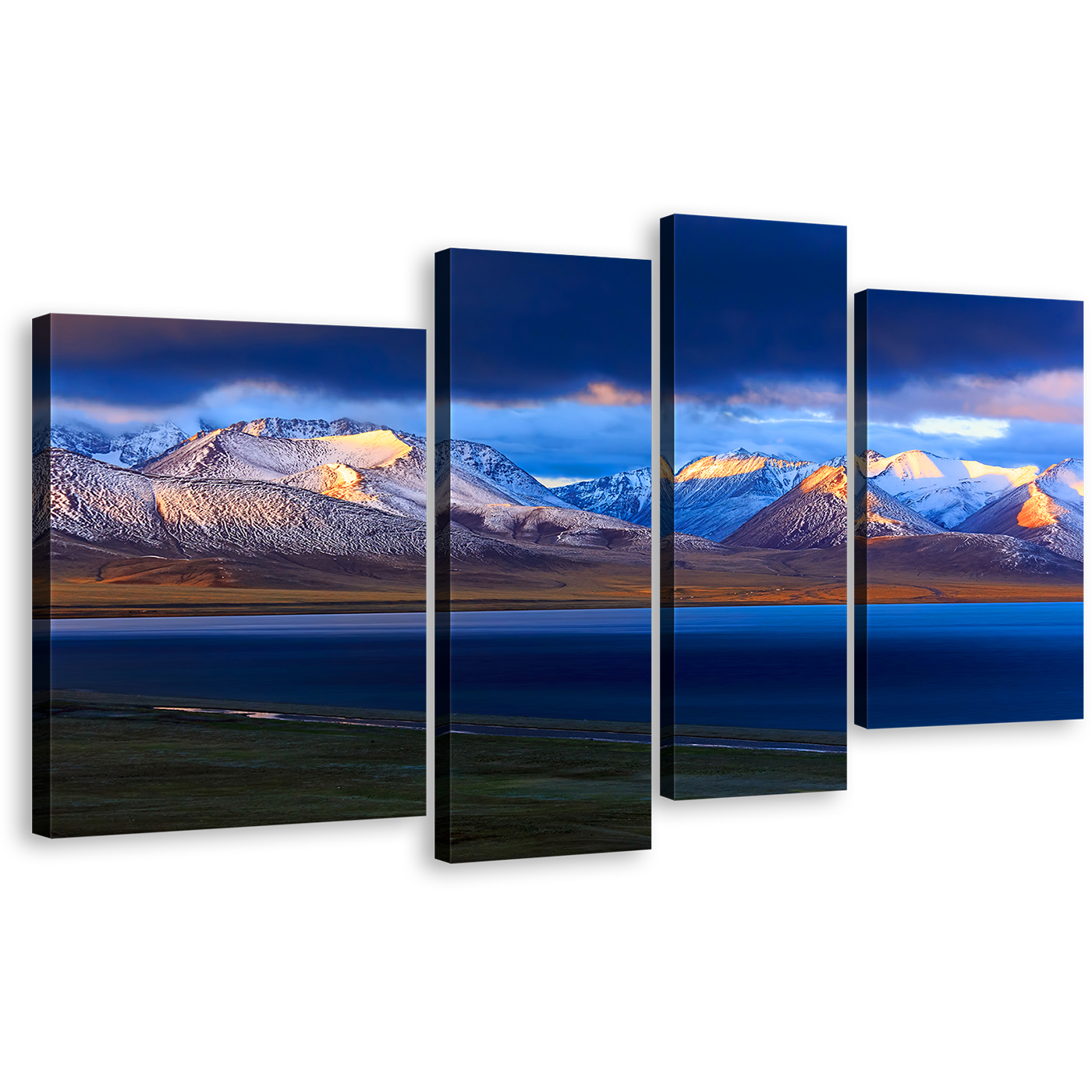 Tibet Sunrise Canvas Wall Art, China Blue Namtso Mountain Lake Canvas Print, Yellow Sunrise Snowy Ocean Mountains 4 Piece Multi Canvas