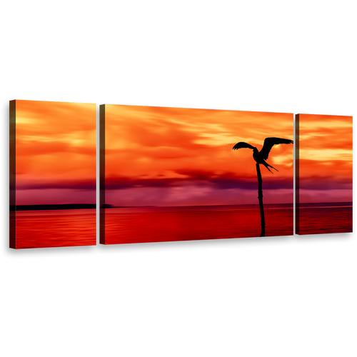 Tobago Island Wall Art, Beautiful Red Sea Canvas Set, Orange Sky Bird Silhouette 3 Piece Canvas Multi-panel Print