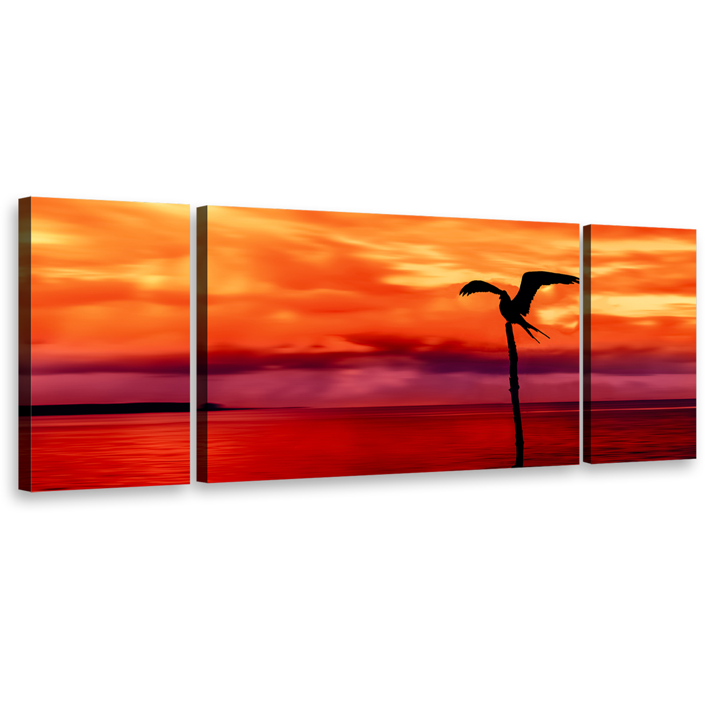 Tobago Island Wall Art, Beautiful Red Sea Canvas Set, Orange Sky Bird Silhouette 3 Piece Canvas Multi-panel Print