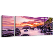 Load image into Gallery viewer, Tokoriki Island Canvas Print, Matamanoa Beach Orange Sky Wall Art, Purple Fiji Ocean Rocks 3 Piece Canvas Set
