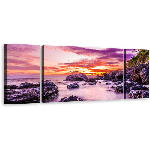 Tokoriki Island Canvas Print, Matamanoa Beach Orange Sky Wall Art, Purple Fiji Ocean Rocks 3 Piece Canvas Set