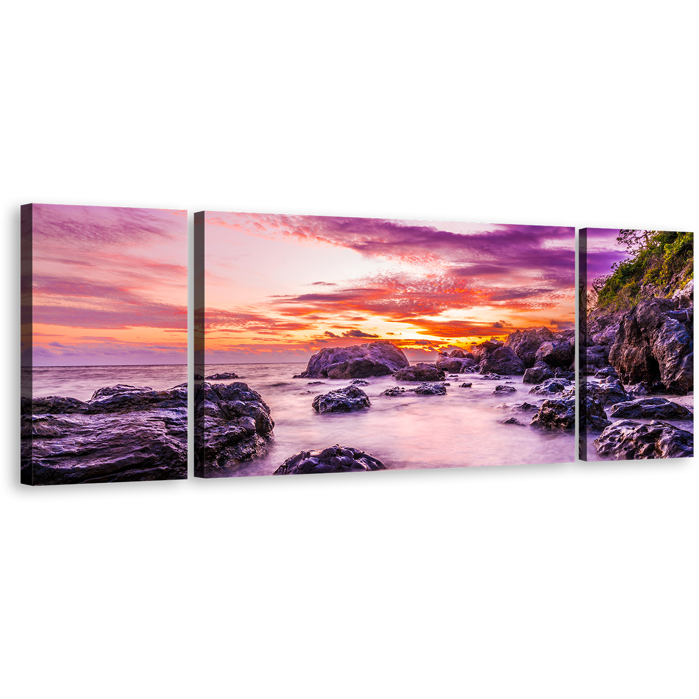 Tokoriki Island Canvas Print, Matamanoa Beach Orange Sky Wall Art, Purple Fiji Ocean Rocks 3 Piece Canvas Set