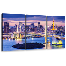 Load image into Gallery viewer, Tokyo Bay Canvas Print, Gold Rainbow Bridge Blue Night Canvas Set, Tokyo Skyline Harbor City 3 Piece Canvas Wall Art
