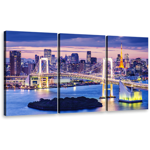 Tokyo Bay Canvas Print, Gold Rainbow Bridge Blue Night Canvas Set, Tokyo Skyline Harbor City 3 Piece Canvas Wall Art