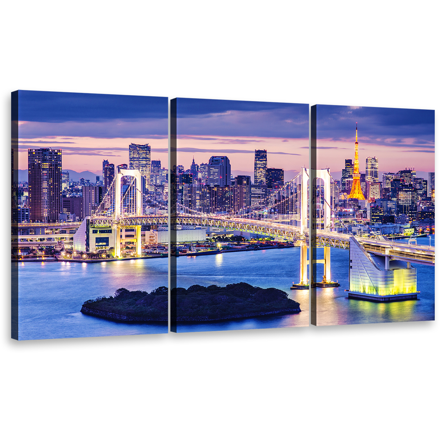 Tokyo Bay Canvas Print, Gold Rainbow Bridge Blue Night Canvas Set, Tokyo Skyline Harbor City 3 Piece Canvas Wall Art