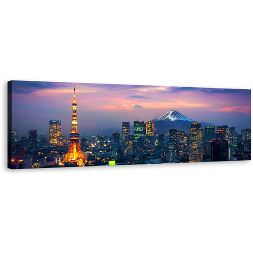 Tokyo Cityscape Canvas Wall Art, Japan at Dusk Fuji Mountain Canvas Artwork, Purple Blue Sky City Mountain 1 Piece Canvas Print