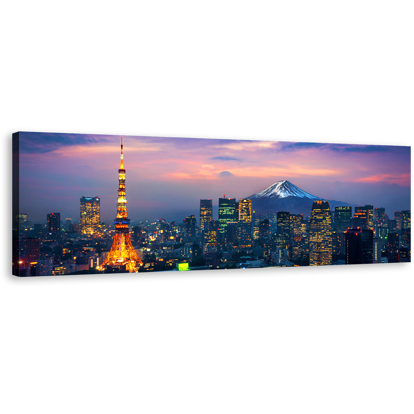 Tokyo Cityscape Canvas Wall Art, Japan at Dusk Fuji Mountain Canvas Artwork, Purple Blue Sky City Mountain 1 Piece Canvas Print