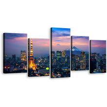 Load image into Gallery viewer, Tokyo Evening Canvas Print, City Mountain at Night Multiple Canvas, Japan Fuji Mountain 5 Piece Canvas Wall Art
