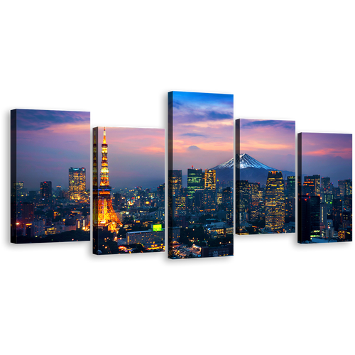 Tokyo Evening Canvas Print, City Mountain at Night Multiple Canvas, Japan Fuji Mountain 5 Piece Canvas Wall Art