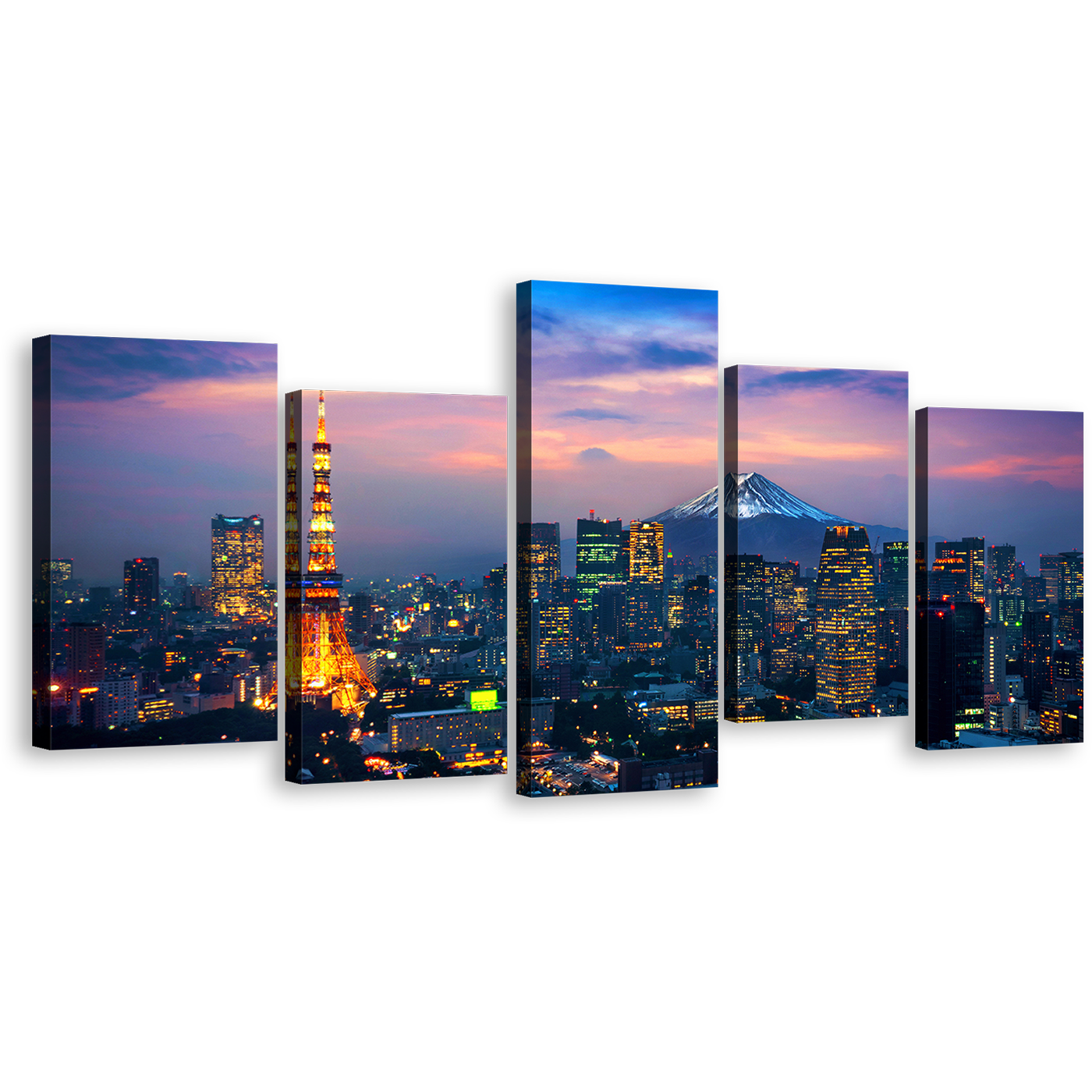 Tokyo Evening Canvas Print, City Mountain at Night Multiple Canvas, Japan Fuji Mountain 5 Piece Canvas Wall Art